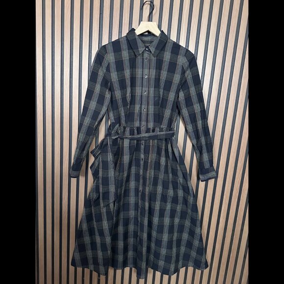 1901 Shirt Dress 2 / XS Womens Black A Line Seersucker Belted Midi Plaid  Checked